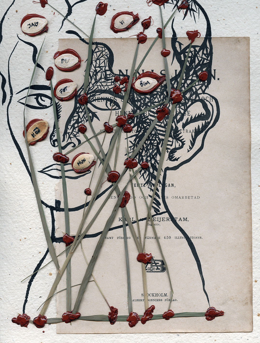 1985 Self-portrait, Ink, grass, seeds, bookpage and lack on paper