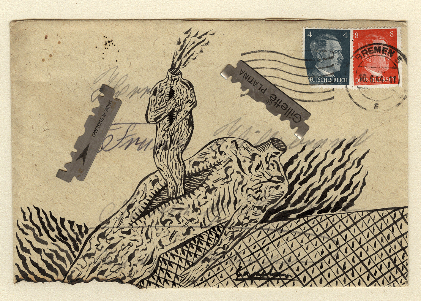 1986 ink and razor blades on burned envelope, 11 x 16 cm